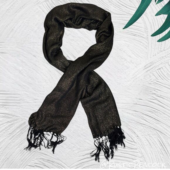 Sparky Metallic Neck Scarf Women's 74" Black Gold Necktie Fringe Shawl Wrap - Picture 1 of 6
